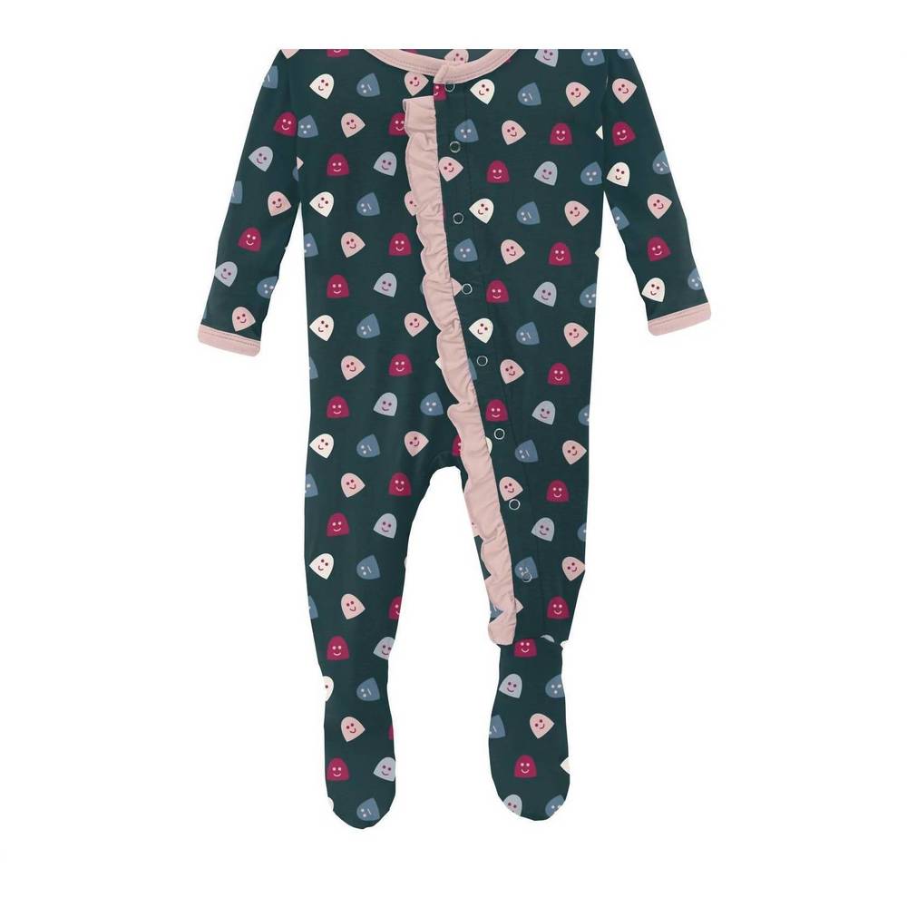 NEW KICKEE kids' ruffle footie with snaps in pine happy gumdrops
